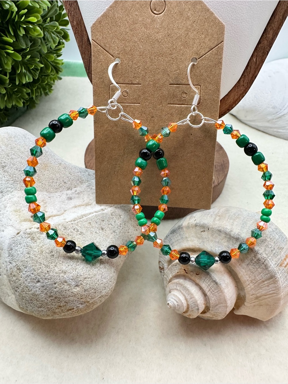 Hand Crafted Green & Orange Beaded Hoop Earrings - Fall/Halloween Earrings